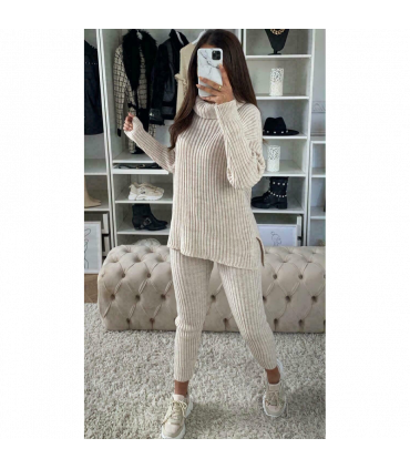 Ladies Chunky Knitted Ribbed Polo High Neck Top Leggings Loungewear Suit Set