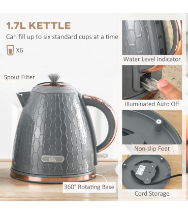HOMCOM 1.7L Kettle and Toaster Set with Defrost, Reheat and Crumb Tray, Grey
