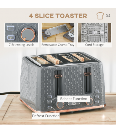 HOMCOM 1.7L Kettle and Toaster Set with Defrost, Reheat and Crumb Tray, Grey