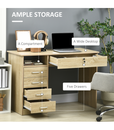 Computer Desk Writing Desk with Five Drawers for Home Office Oak