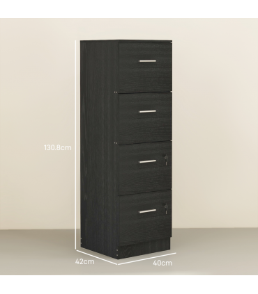 HOMCOM 4 Drawer File Cabinet Locking Filing Cabinet, Black Wood Effect