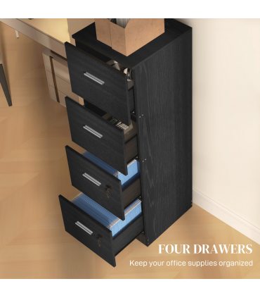 HOMCOM 4 Drawer File Cabinet Locking Filing Cabinet, Black Wood Effect