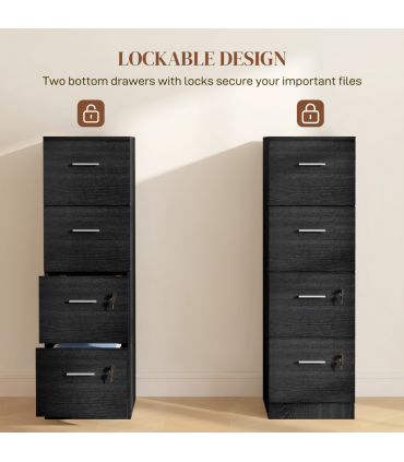 HOMCOM 4 Drawer File Cabinet Locking Filing Cabinet, Black Wood Effect