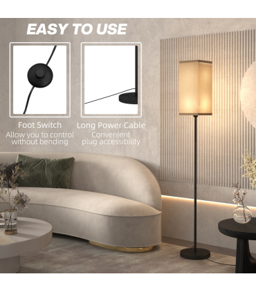 HOMCOM Standing Floor Lamp with Linen Shade for Living Room, Bedroom, Black
