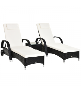 3 PCS Rattan Lounger Recliner Bed Garden Furniture Set w/ Side Table