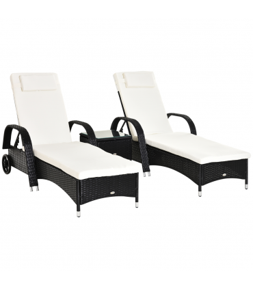3 PCS Rattan Lounger Recliner Bed Garden Furniture Set w/ Side Table