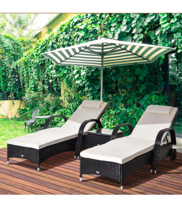 3 PCS Rattan Lounger Recliner Bed Garden Furniture Set w/ Side Table