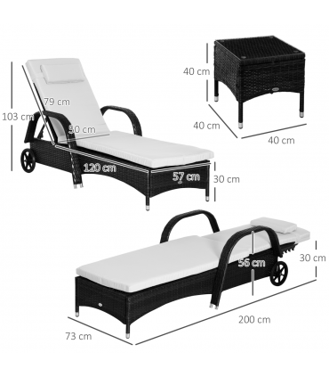 3 PCS Rattan Lounger Recliner Bed Garden Furniture Set w/ Side Table