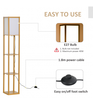 Floor Lamp 4-Tier Natural Beech wood 26cm x 26cm x 160cm Storage Shelf