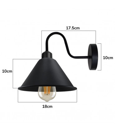 Wall Light Black Vintage Metal 18cm x 10cm E27 Base Swan Neck Cone Shape Shade