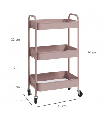 HOMCOM 3 Tier Rolling Utility Cart with 3 Mesh Basket, Pink