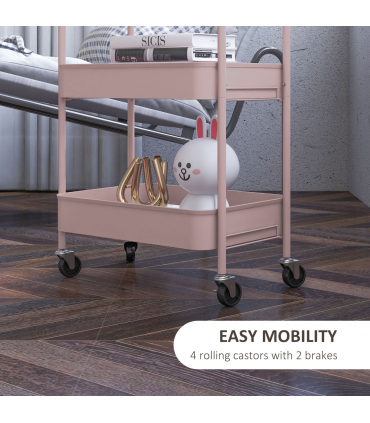 HOMCOM 3 Tier Rolling Utility Cart with 3 Mesh Basket, Pink