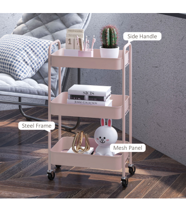 HOMCOM 3 Tier Rolling Utility Cart with 3 Mesh Basket, Pink
