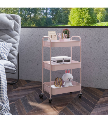 HOMCOM 3 Tier Rolling Utility Cart with 3 Mesh Basket, Pink