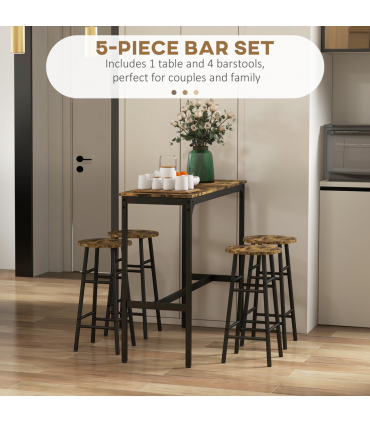 HOMCOM 5 Piece Bar Set, Industrial Kitchen and Chair Set Rustic Brown