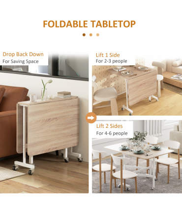 HOMCOM Drop Leaf Table with Wheels Folding Dining Table for Small Spaces, Nature