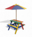 Kids' Picnic Table with Benches and Parasol Multicolour Wood