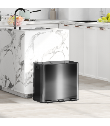 HOMCOM 3 x 15L Triple Kitchen Bin Pedal Bin for Recycling and Waste, Black