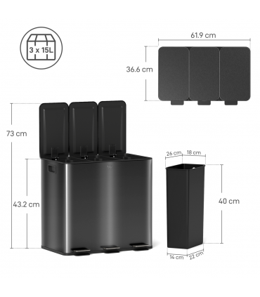 HOMCOM 3 x 15L Triple Kitchen Bin Pedal Bin for Recycling and Waste, Black