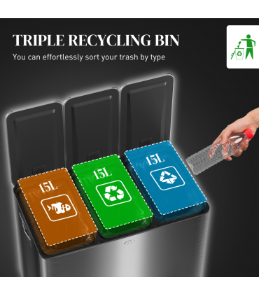 HOMCOM 3 x 15L Triple Kitchen Bin Pedal Bin for Recycling and Waste, Black