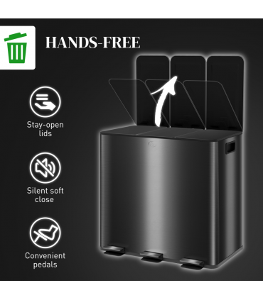 HOMCOM 3 x 15L Triple Kitchen Bin Pedal Bin for Recycling and Waste, Black