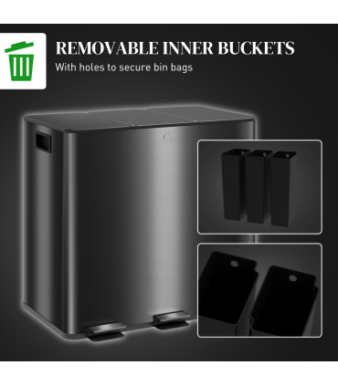 HOMCOM 3 x 15L Triple Kitchen Bin Pedal Bin for Recycling and Waste, Black
