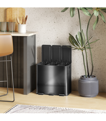 HOMCOM 3 x 15L Triple Kitchen Bin Pedal Bin for Recycling and Waste, Black