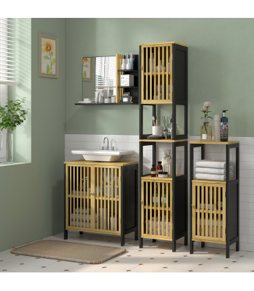 HOMCOM Tall Bathroom Cabinet Bamboo Bathroom Cupboard with Adjustable Shelves