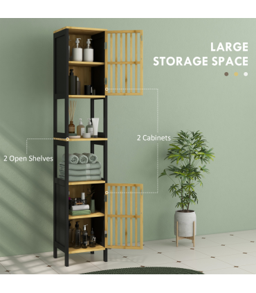 HOMCOM Tall Bathroom Cabinet Bamboo Bathroom Cupboard with Adjustable Shelves