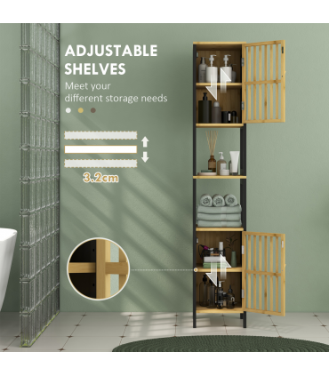 HOMCOM Tall Bathroom Cabinet Bamboo Bathroom Cupboard with Adjustable Shelves
