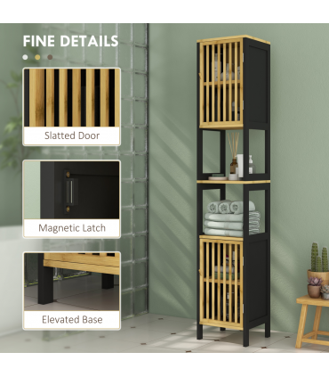 HOMCOM Tall Bathroom Cabinet Bamboo Bathroom Cupboard with Adjustable Shelves