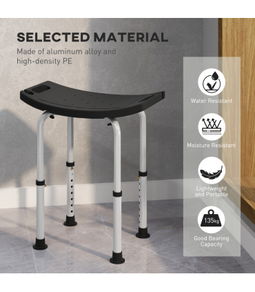 HOMCOM Aluminium Shower Stool w/ Adjustable Height Non-Slip Bath Stool Black