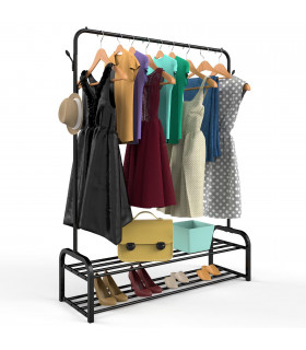 Clothes Rail Stand with Double Shoe Rack Minimalist Heavy Duty - Black