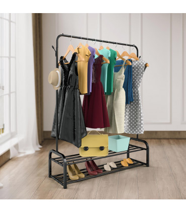 Clothes Rail Stand with Double Shoe Rack Minimalist Heavy Duty - Black