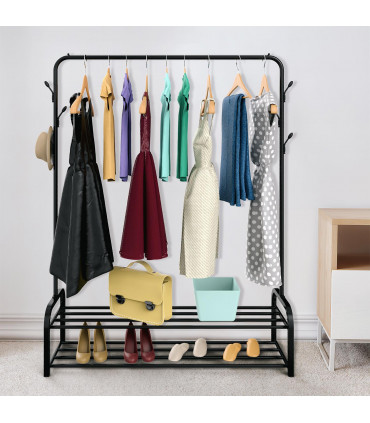 Clothes Rail Stand with Double Shoe Rack Minimalist Heavy Duty - Black