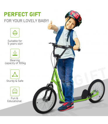 HOMCOM 90-96cm Kids Kick Scooter Adjustable Handlebar Inflatable Wheels Green