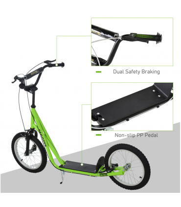 HOMCOM 90-96cm Kids Kick Scooter Adjustable Handlebar Inflatable Wheels Green