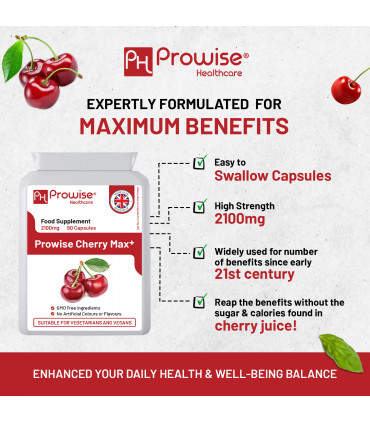 Cherry Max+ 2100mg Montmorency Cherry Added with Black Cherry I 90 Vegan Capsules High Strength I Made in The UK