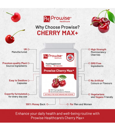 Cherry Max+ 2100mg Montmorency Cherry Added with Black Cherry I 90 Vegan Capsules High Strength I Made in The UK