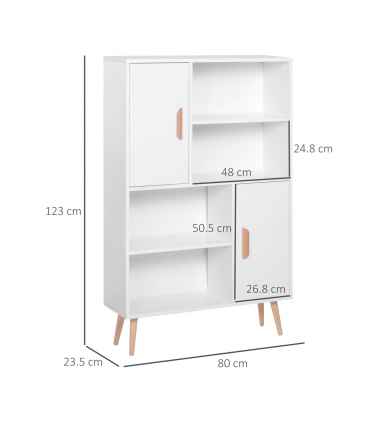 Free Standing Bookcase Shelves W/ Two Doors, 80L x 23.5W x 123Hcm-White