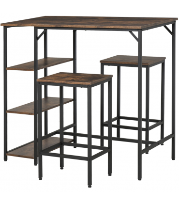 3PC Industrial Bar Height Dining Table Set With 2 Stools & Side Shelf,