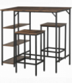 3PC Industrial Bar Height Dining Table Set With 2 Stools & Side Shelf,