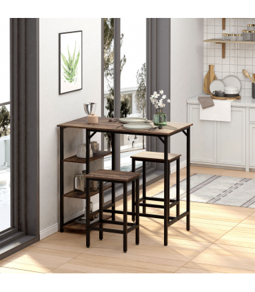 3PC Industrial Bar Height Dining Table Set With 2 Stools & Side Shelf,