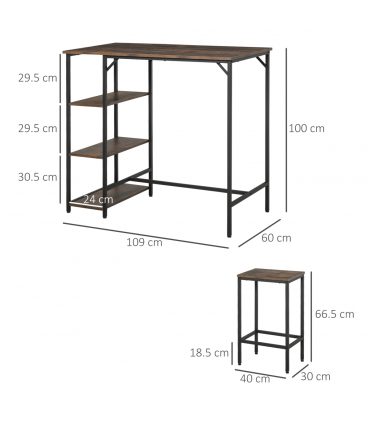 3PC Industrial Bar Height Dining Table Set With 2 Stools & Side Shelf,