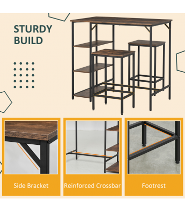 3PC Industrial Bar Height Dining Table Set With 2 Stools & Side Shelf,