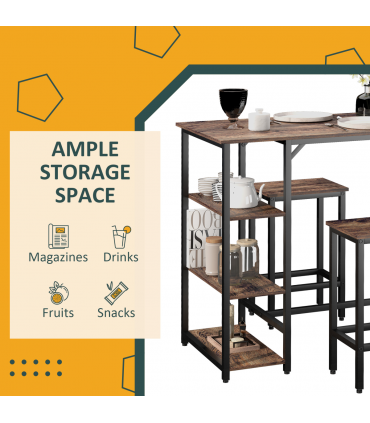 3PC Industrial Bar Height Dining Table Set With 2 Stools & Side Shelf,