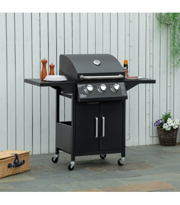 3 Burner Gas BBQ Grill Portable Barbecue Trolley Warming Rack Storage Cabinet