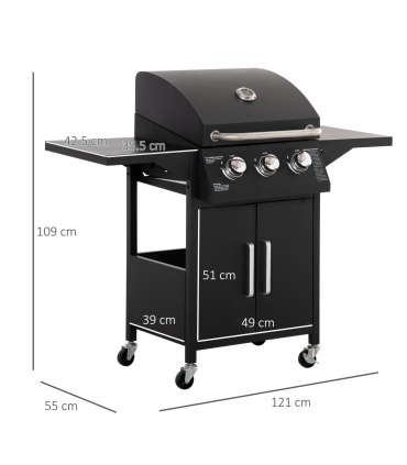 3 Burner Gas BBQ Grill Portable Barbecue Trolley Warming Rack Storage Cabinet