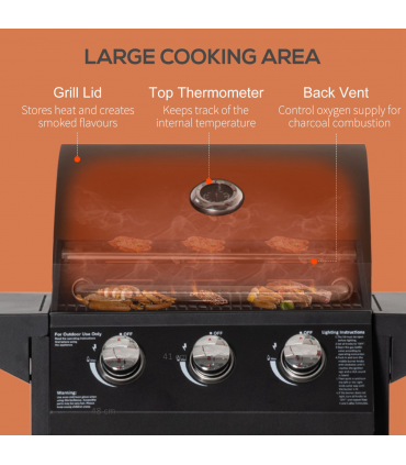 3 Burner Gas BBQ Grill Portable Barbecue Trolley Warming Rack Storage Cabinet