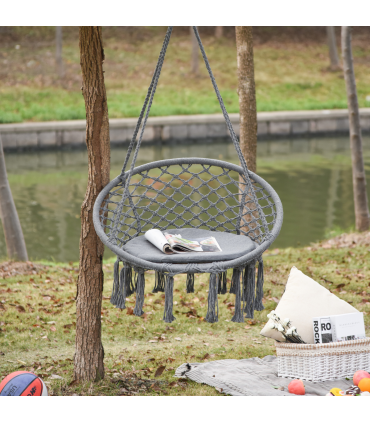 Cotton-Polyester Blend Macrame Hanging Chair Swing Hammock & Backrest, Grey